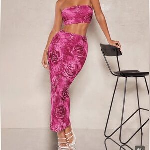 SHEIN Fuchsia Rose-Print Midi Skirt